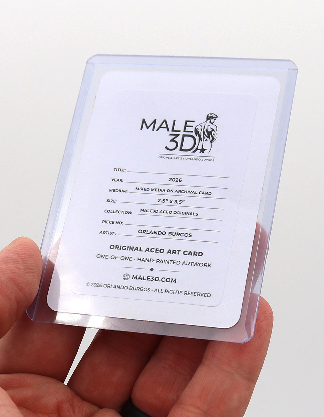 Back of a Male3D ACEO Originals card in a protective sleeve, with artwork details and artist Orlando Burgos.