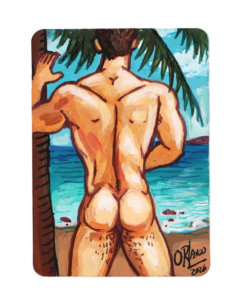 Felix: Beach Bums — original mixed media ACEO art by Orlando Burgos, depicting a figure facing the sea beside a palm tree.