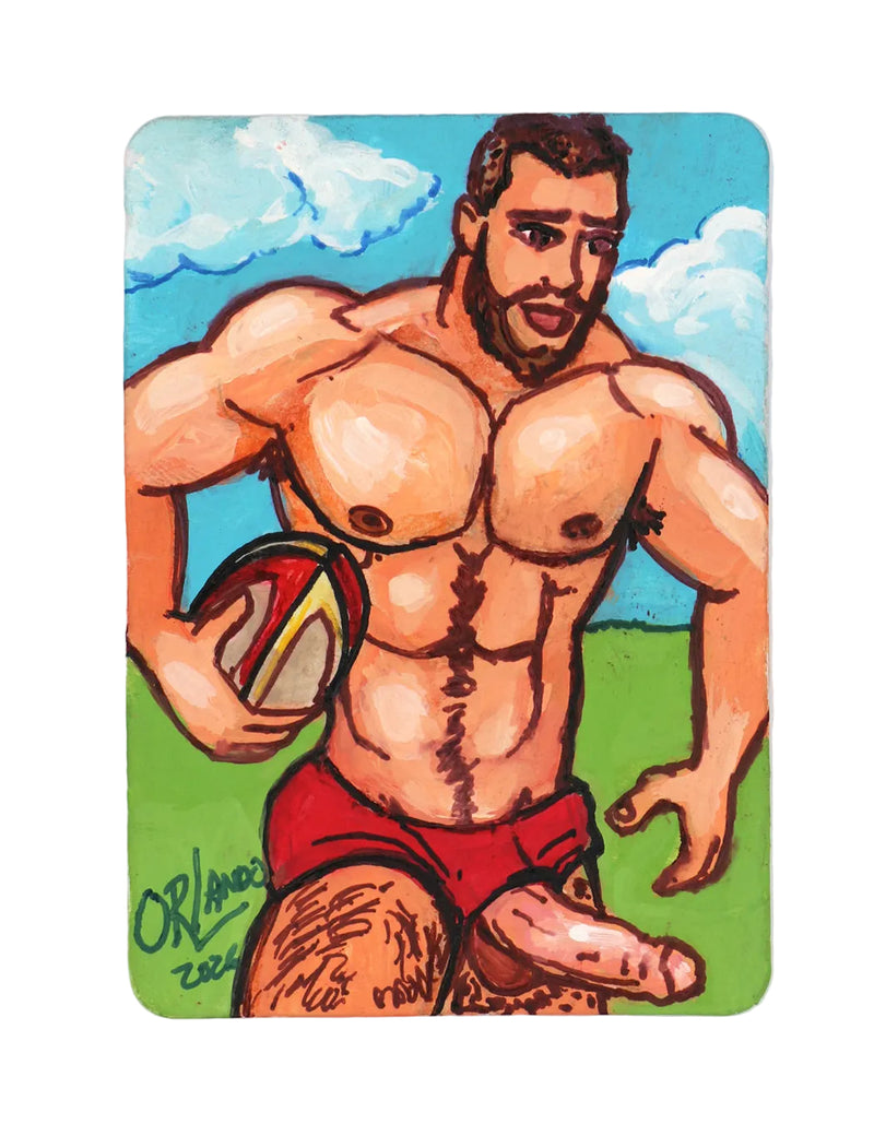 Joe: Loose on the Field — original mixed media ACEO art by Orlando Burgos, depicting a rugby player on a green field.