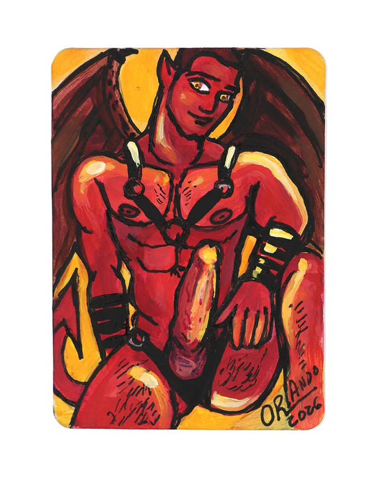 Nyx: Infernal Rod — original mixed media ACEO art by Orlando Burgos, depicting a red winged fantasy character against a yellow background.