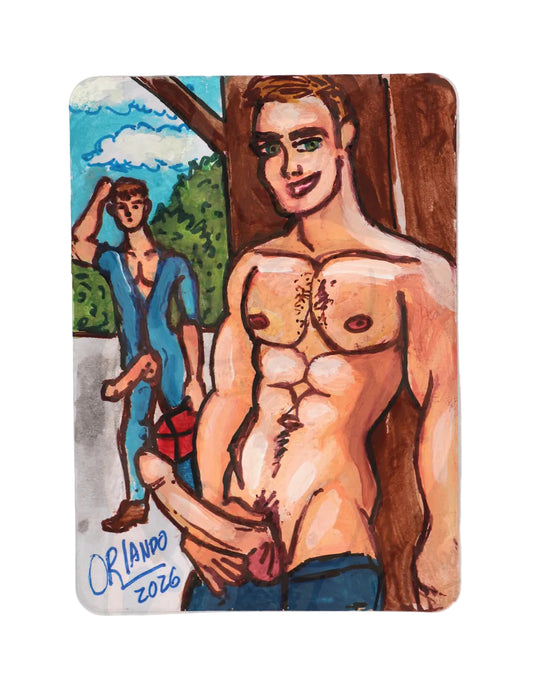Steve: Barnyard Surprise — original mixed media ACEO art by Orlando Burgos, depicting two figures in a rural barn scene.